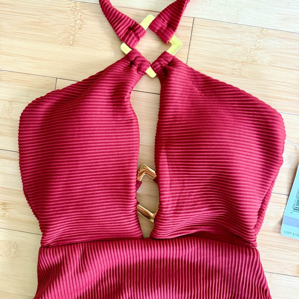 🍷ANNE COLE Studio Oh My Goddess One Piece Red Gold Halter Swimsuit - Picture 7 of 9
